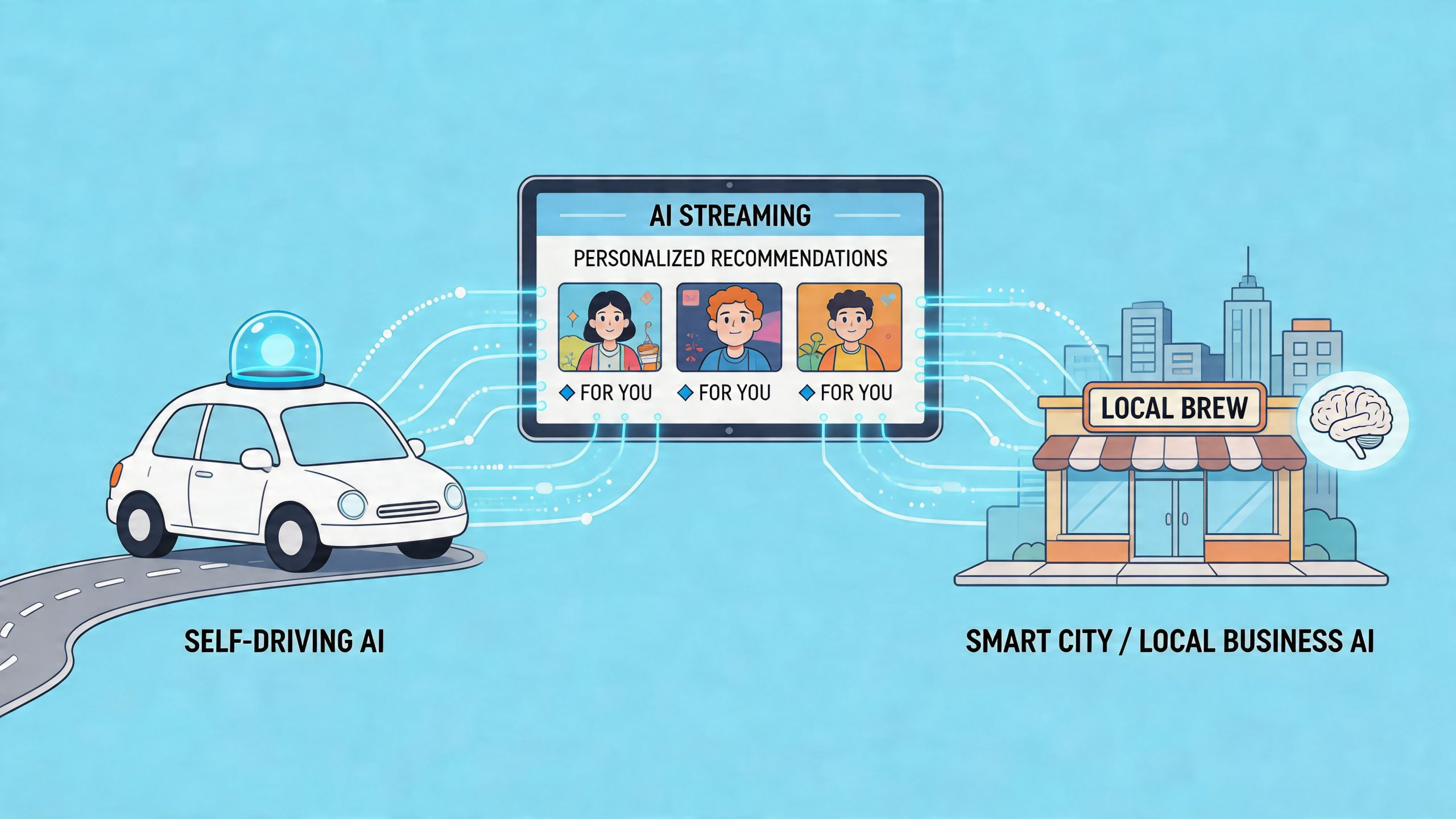 Diagrama vaizduoja dirbtinio intelekto sąveiką tarp autonominių automobilių, asmeninių rekomendacijų srauto ir vietinio verslo sprendimų.