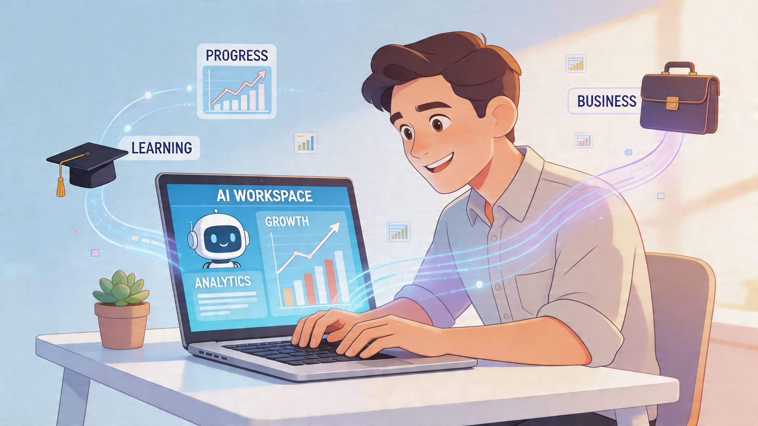 Besišypsantis vyras sėdi prie stalo ir dirba nešiojamuoju kompiuteriu, kuriame rodoma dirbtinio intelekto darbo vietos programinė įranga.