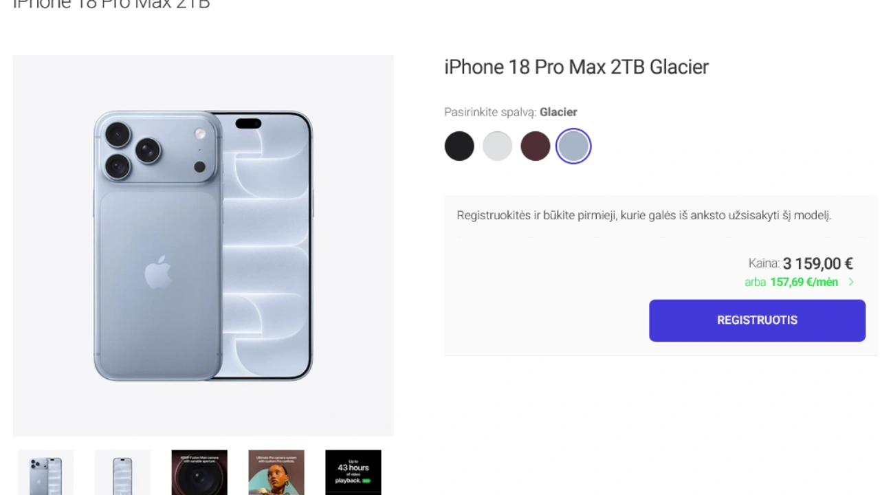 „iPhone 18 Pro“ kainos Lietuvoje