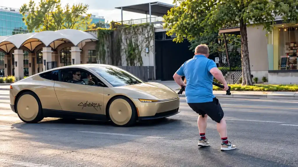 Vyras tyčia iššoko prieš „Tesla Cybercab“ – štai kaip sureagavo automobilis be vairo ir pedalų