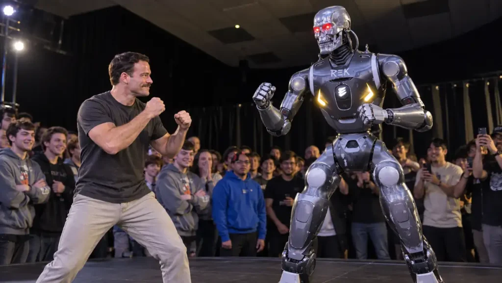 Žmogus ringe susikovė su robotu „Terminatoriumi“: dvikova pribloškė žiūrovus (vaizdo įrašas)