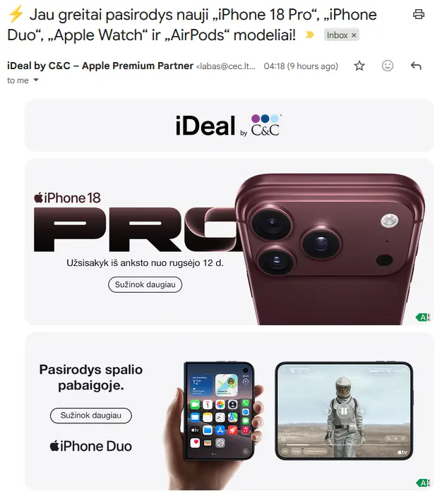 „iDeal by C&C“ laiškas apie „iPhone 18 Pro“, „iPhone Duo“, „Apple Watch“ ir „AirPods“