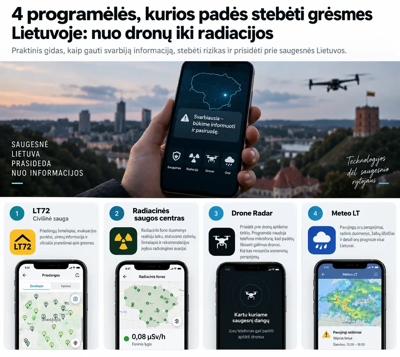 Iliustracinė keturių Lietuvos saugos programėlių – LT72, Radiacinės saugos centro, Drone Radar ir Meteo LT – vizualizacija
